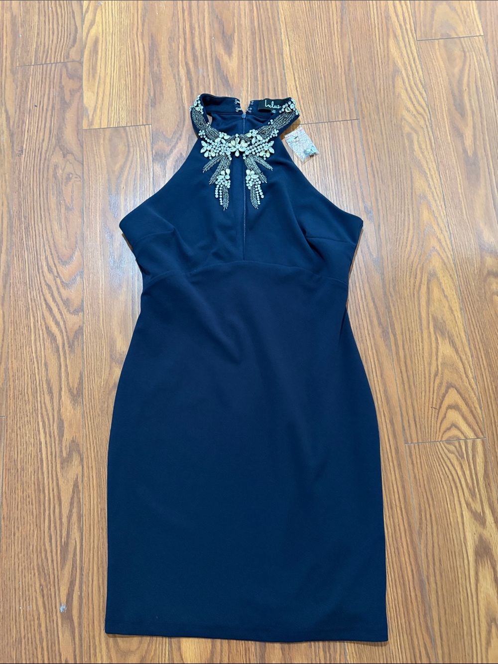 Lulu's Navy Halter Mini Dress with Gold Crystal Embellishment